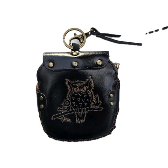 New Brown Genuine Leather Handmade Owl Bird Coin Purse Wristlet Key Case - Picture 4 of 4